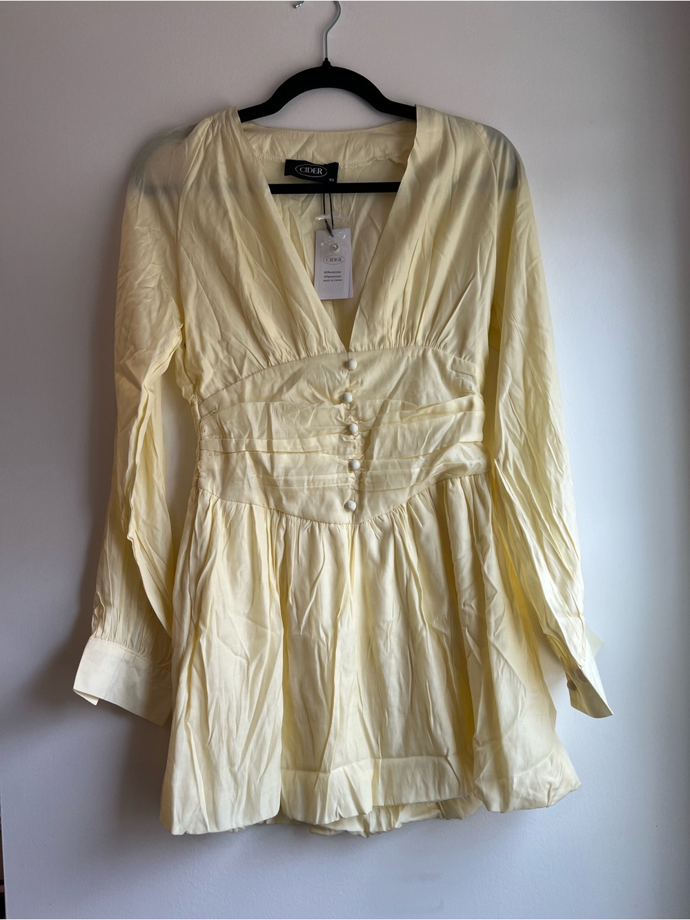 Cider Pale Yellow V-Neck Long Sleeve Button-Waist Dress